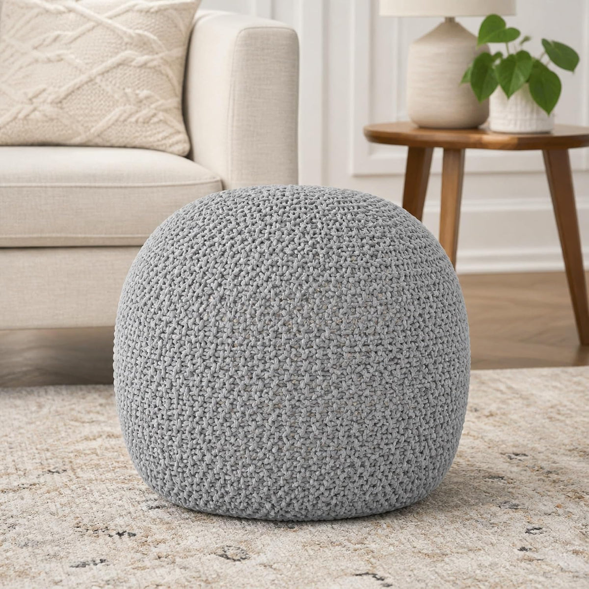 Light Gray Cable‑Knit Cotton Semi‑Round Pouf