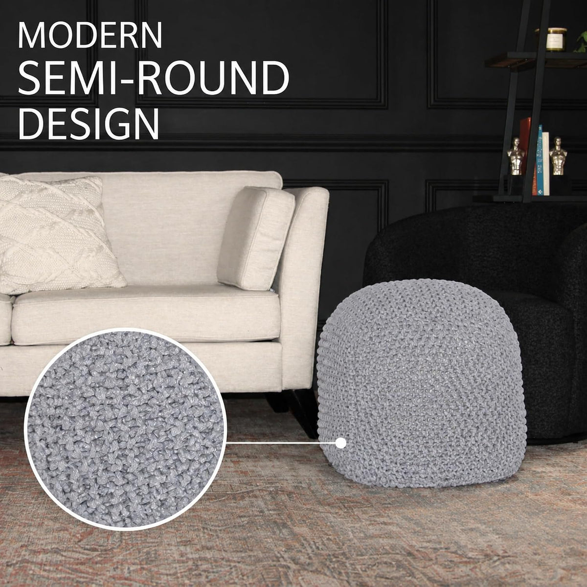 Light Gray Cable‑Knit Cotton Semi‑Round Pouf