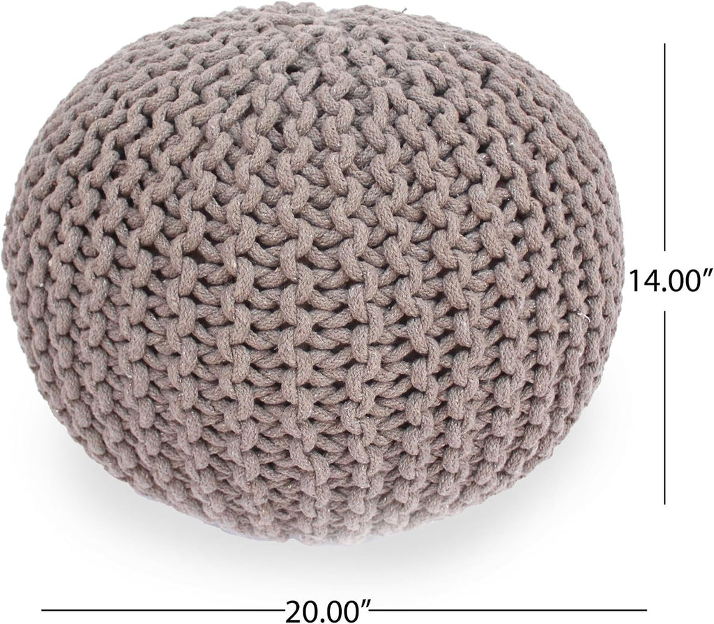 Knitted Cotton Pouf, Handcrafted Round, Brown