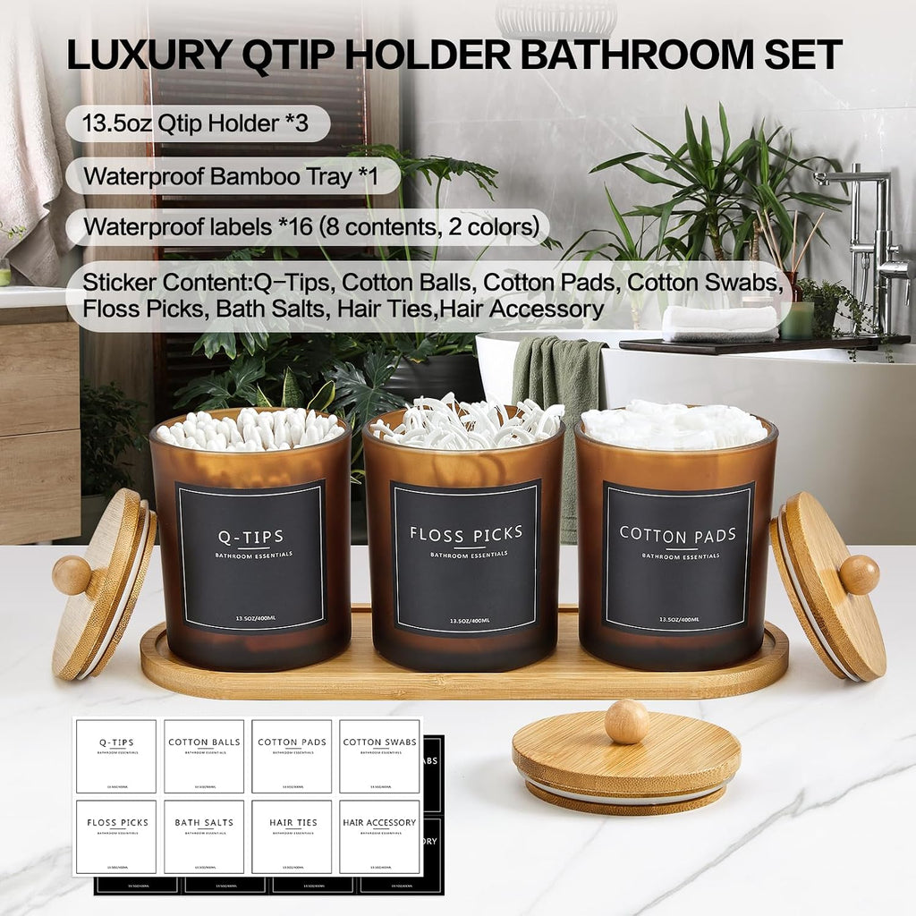 3 Pack Amber Glass Bathroom Jars Set with Tray