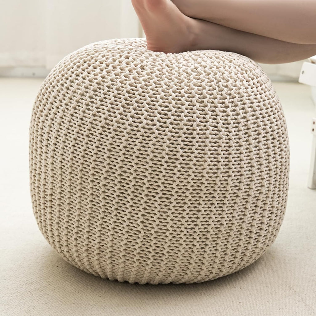20" Beige Foam‑Filled Round Boho Pouf Ottoman