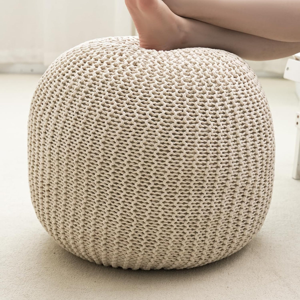 20" Beige Foam‑Filled Round Boho Pouf Ottoman