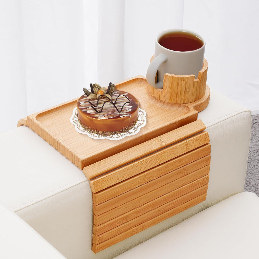 Large Bamboo 3‑in‑1 Couch Arm Tray with 360°Cup Holder