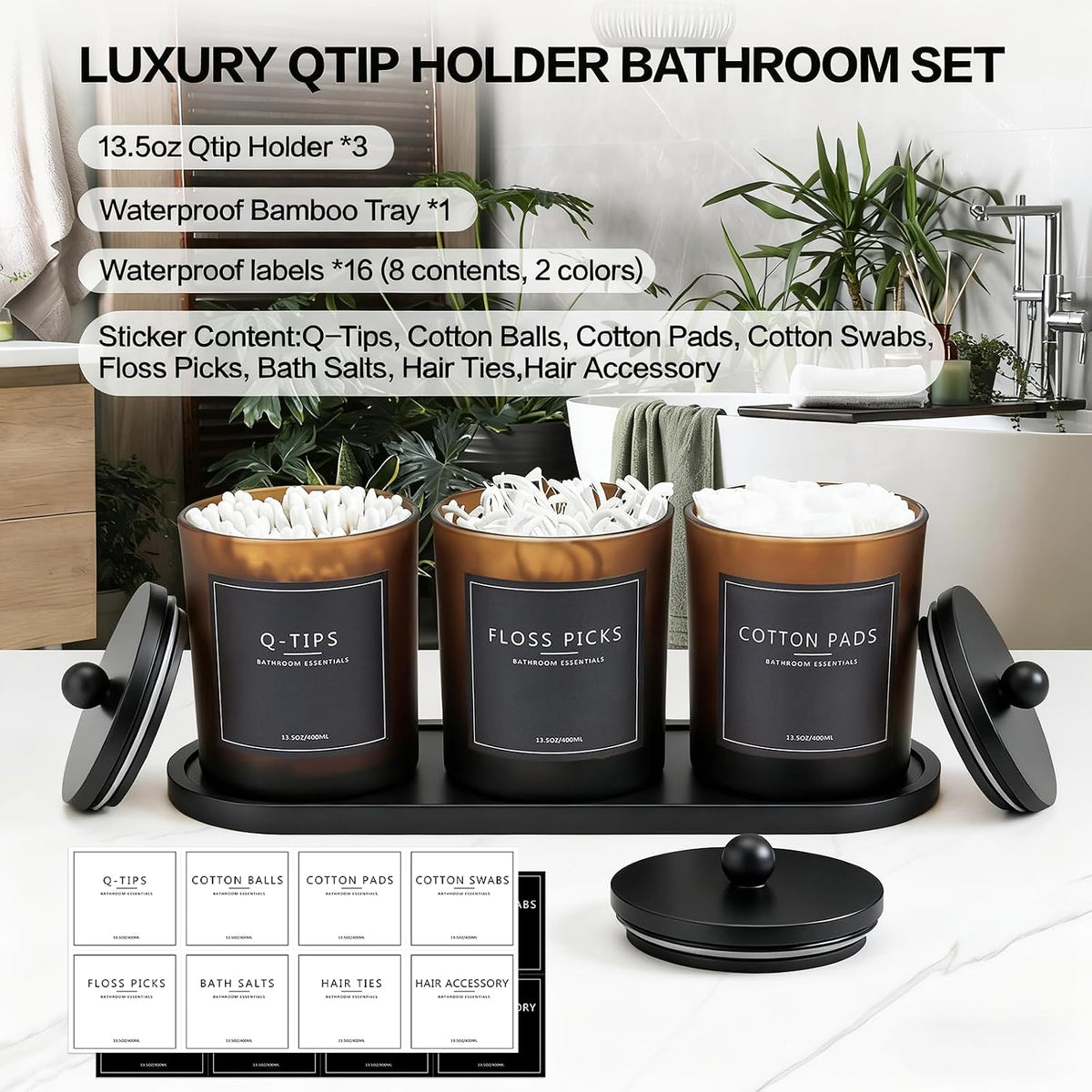 3 Pack Amber Glass Bathroom Jars with Tray