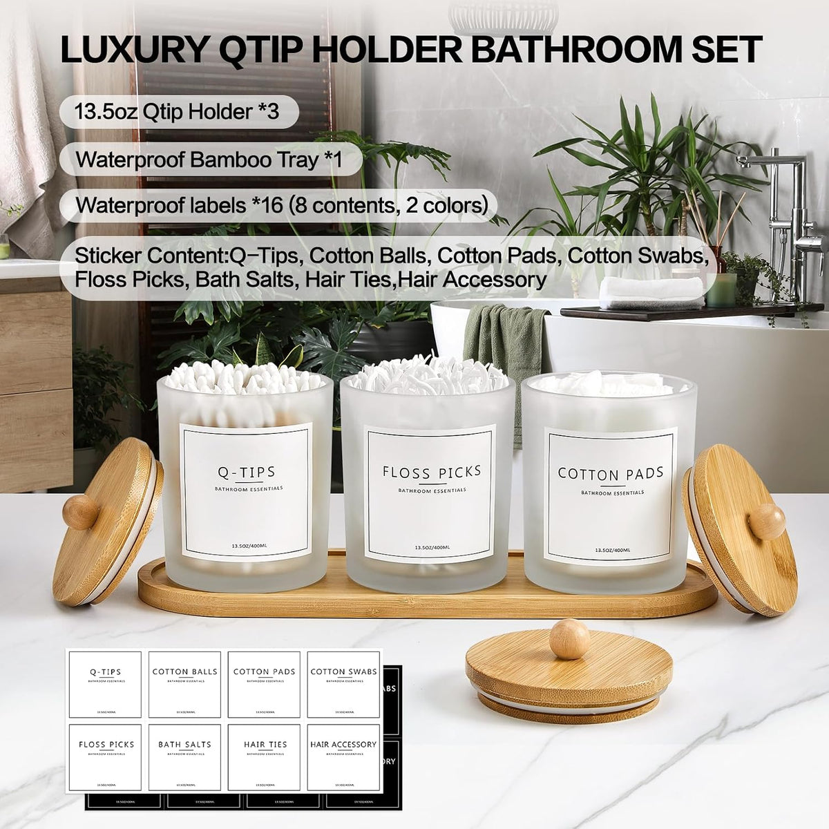 3 Pack Glass Bathroom Jars Set with Tray