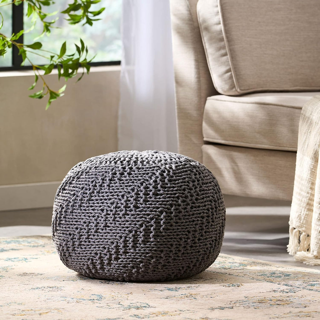 20x20 Dark Gray Knitted Cotton Round Floor Pouf