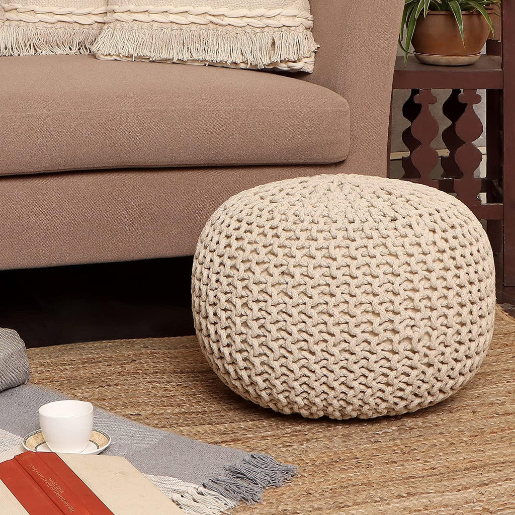 Ivory Hand‑Knitted Round Boho Pouf Ottoman