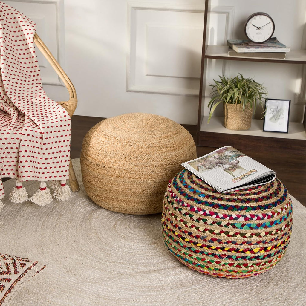 Multi Braided Jute‑Cotton Round Boho Pouf Ottoman