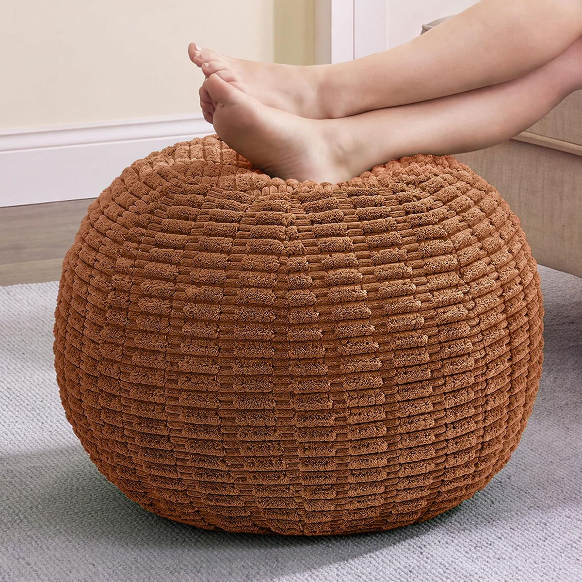 Small Orange Stuffed Round Pouf Ottoman Footrest