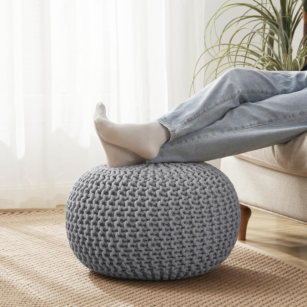 20"x14" Gray Cotton‑Knit EPS Bead Round Pouf Ottoman