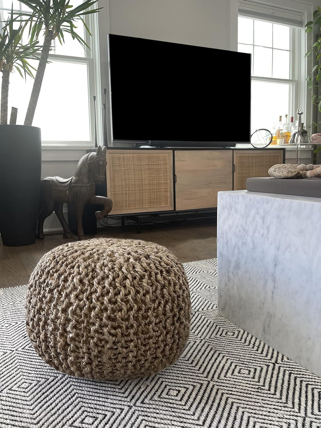 20"x14" 100% Jute Braided Round Pouf Ottoman