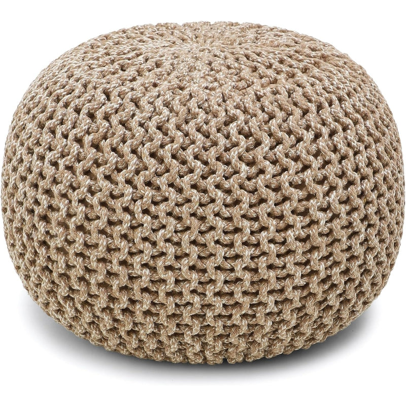 Beige‑Ivory Hand‑Knitted Round Boho Pouf Ottoman