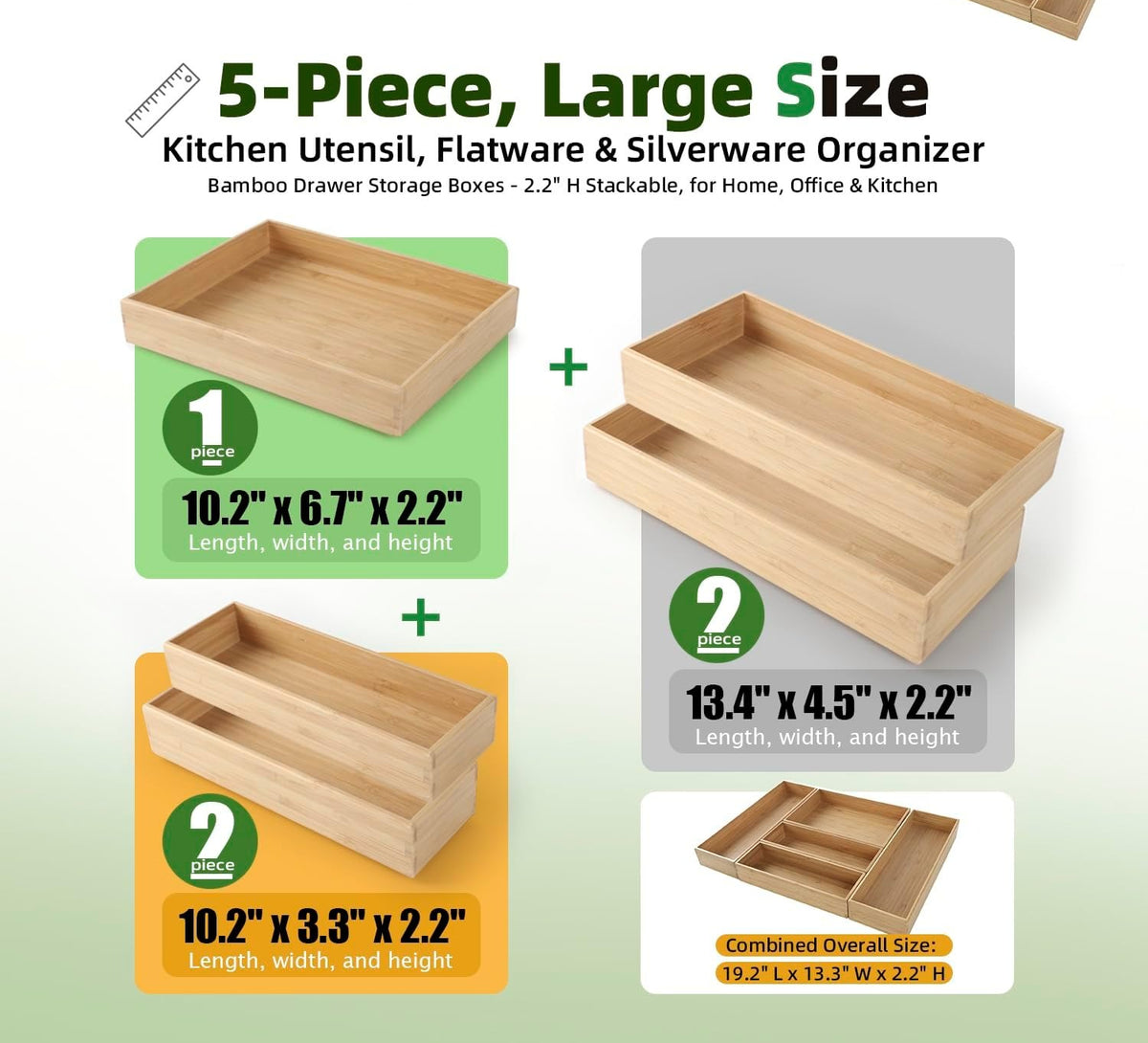 5‑Pack Stackable Bamboo Kitchen Drawer Organizer