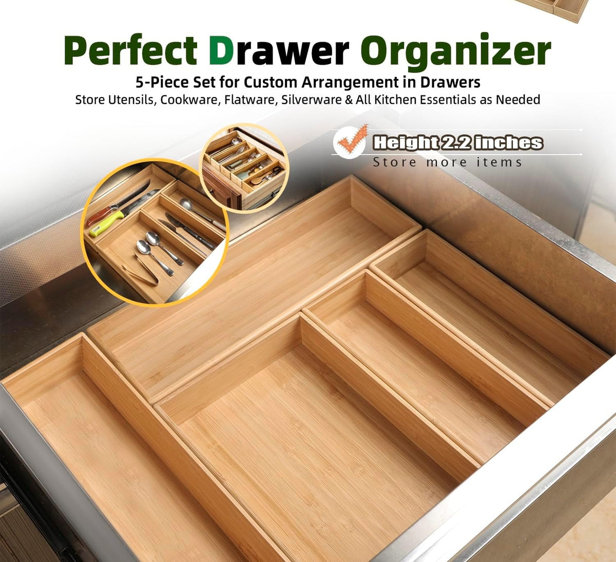 5‑Pack Stackable Bamboo Kitchen Drawer Organizer