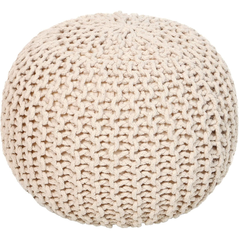Ivory Hand‑Knitted Round Boho Pouf Ottoman
