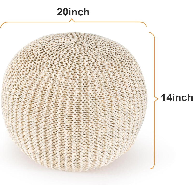 20" Beige Foam‑Filled Round Boho Pouf Ottoman