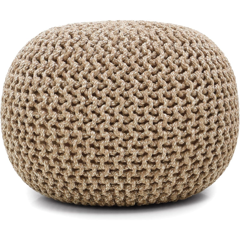 Beige‑Ivory Hand‑Knitted Round Boho Pouf Ottoman