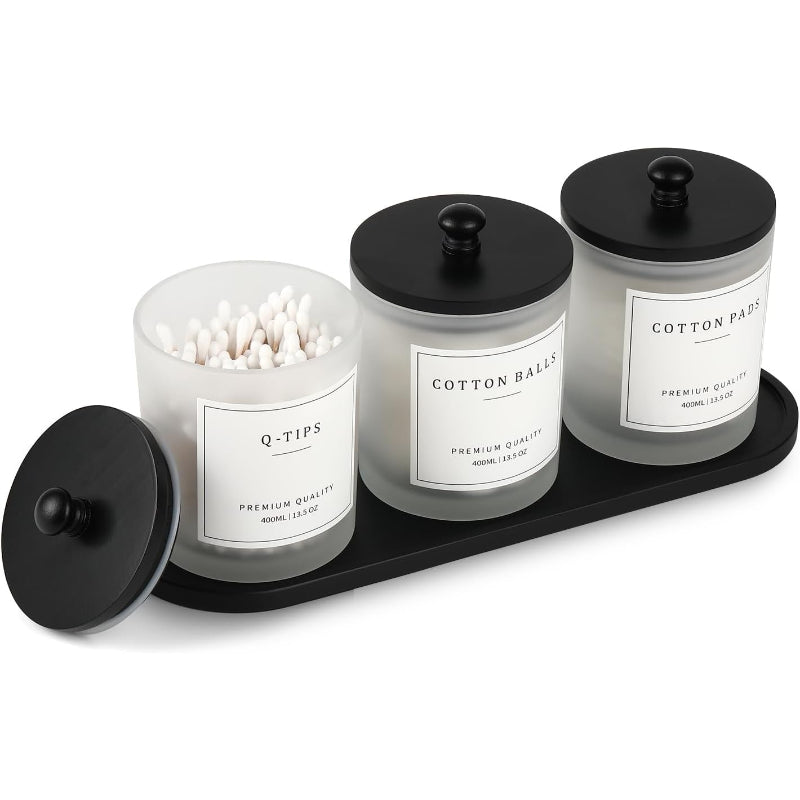 3 Pack Black Glass Bathroom Jars with Tray