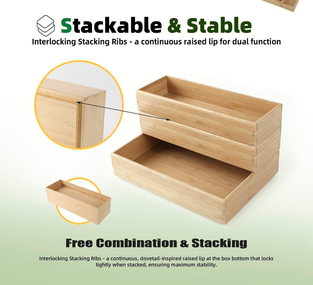 5‑Pack Stackable Bamboo Kitchen Drawer Organizer
