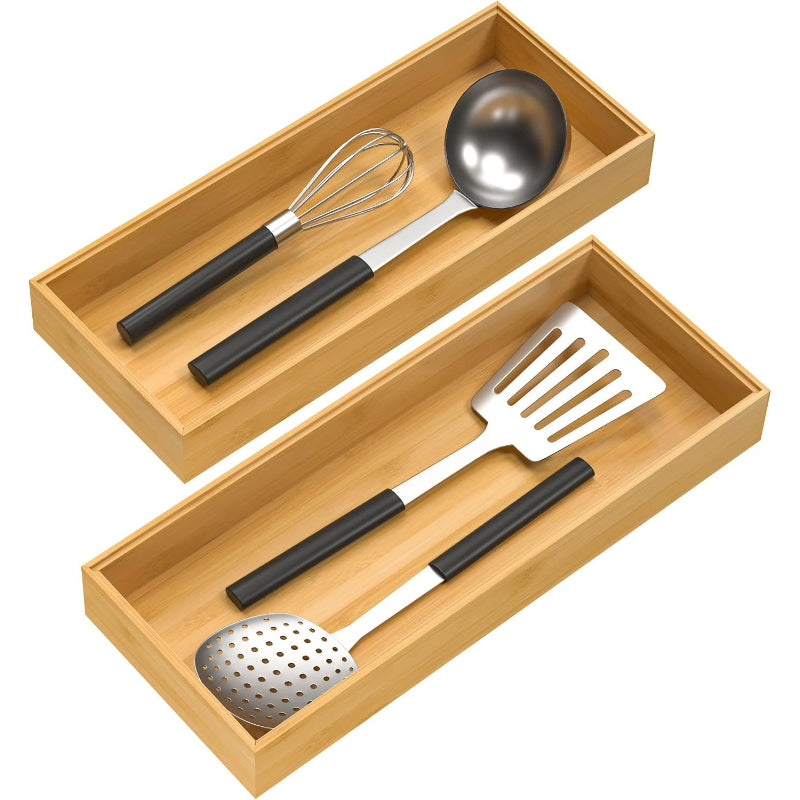 2‑Pack 15"x6"x2" Stackable Bamboo Silverware Drawer Organizer